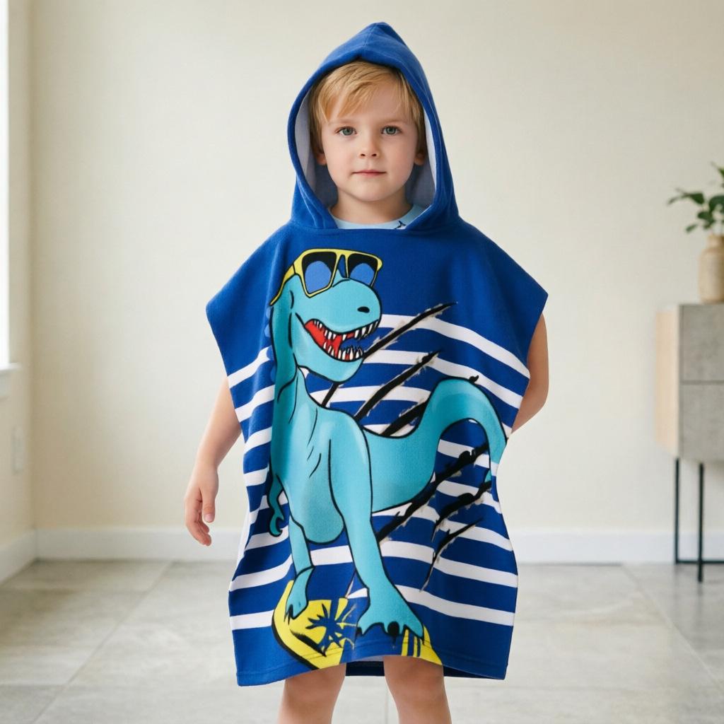 Ultra-Fine Fiber Cartoon Print Kids' Hooded Bath Towel Poncho