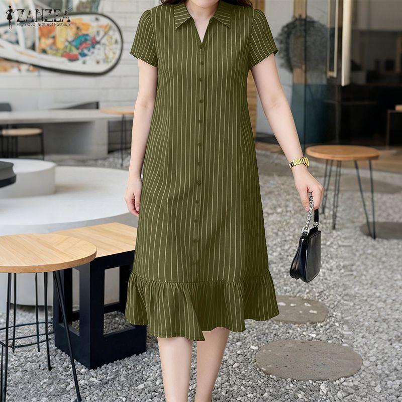 

ZANZEA Women Casual Turn Down Collar Short Sleeve Loose Stripe Dress 5XL зелений