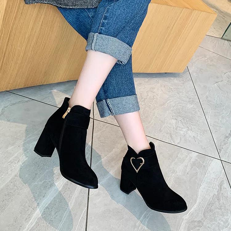 Thick-heeled Fall and Winter Ladies's Boots Suede Short Boots Plus Velvet Round Toe Black Short Boots