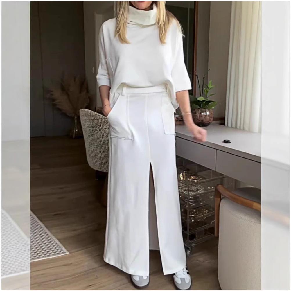 New Women's Autumn and Summer Solid-color Casual Loose Pocket Sweatshirt Straight Skirt Set