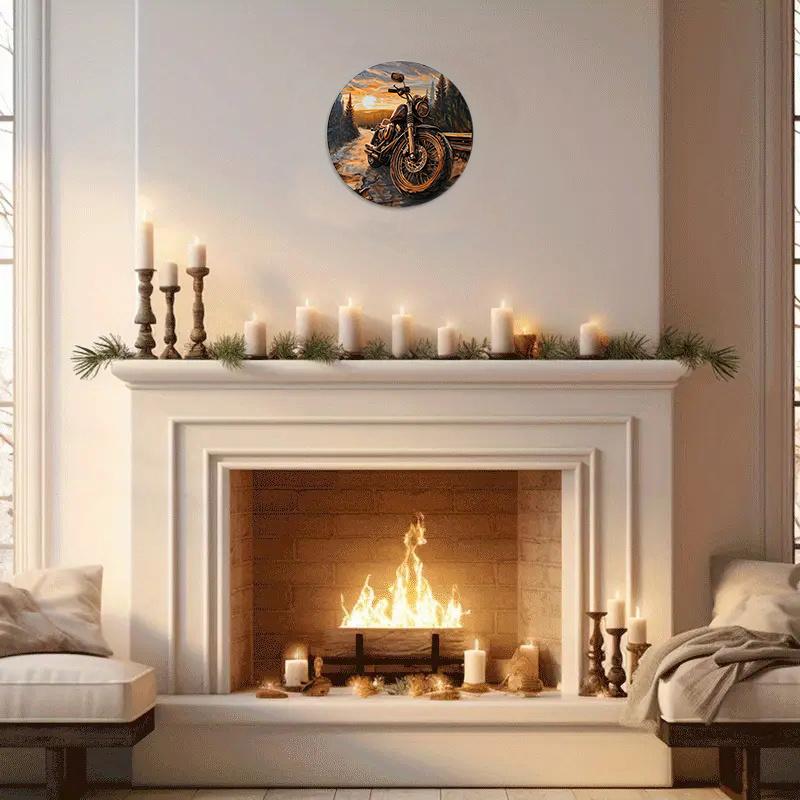 Round Sign Faux Wooden Carved Painted Circular Wreath Sign Entrance Decoration Men Gifts Motorcycle Themed Decoration for Church Front Door Wall