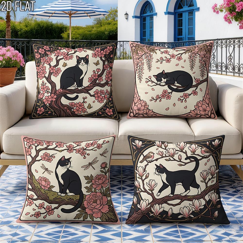 1/4pcs Vintage Art Nouveau Sakura Tuxedo Cat Throw Pillow Cover Home Farmhouse Outdoor Decoration Cushion Cover