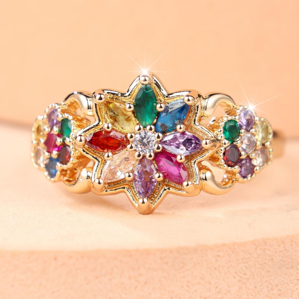 Luxury Multicolor Zircon Flower Ring for Women Fashion Gold Plated Copper Statement Jewelry Wedding Party Gift
