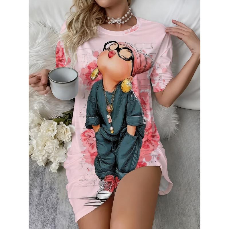 Plus Size Ladies Cute Kiss Girls Printed Round Neck Short Sleeve Nightgowns and Dresses