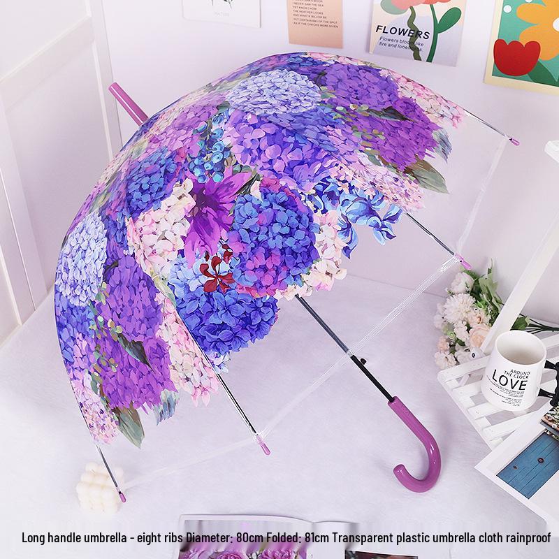 Japanese Forest Style Transparent Cherry Blossom Umbrella with Arched Long Handle for Students