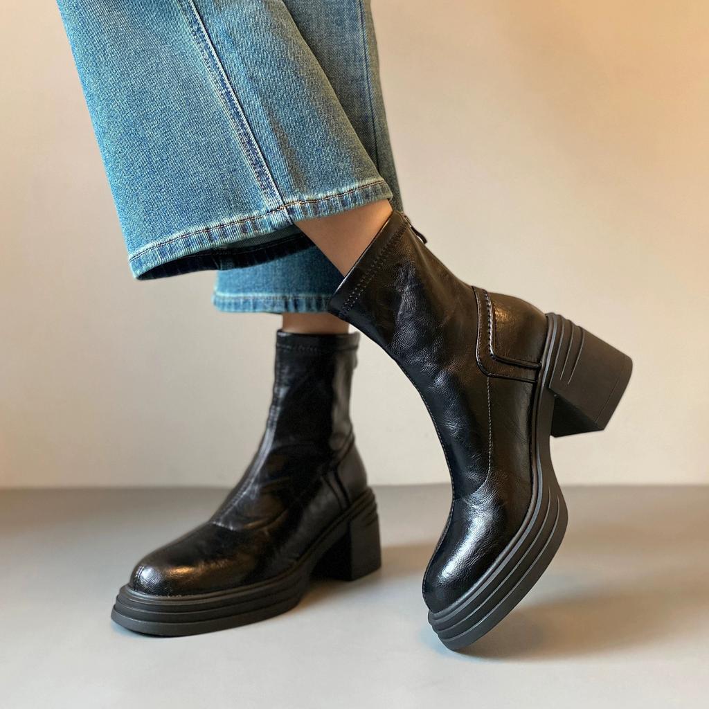 Small Height-increasing Short Boots Women's Thick-soled Waterproof Table Martin Boots Rear Zipper High-heeled Boots