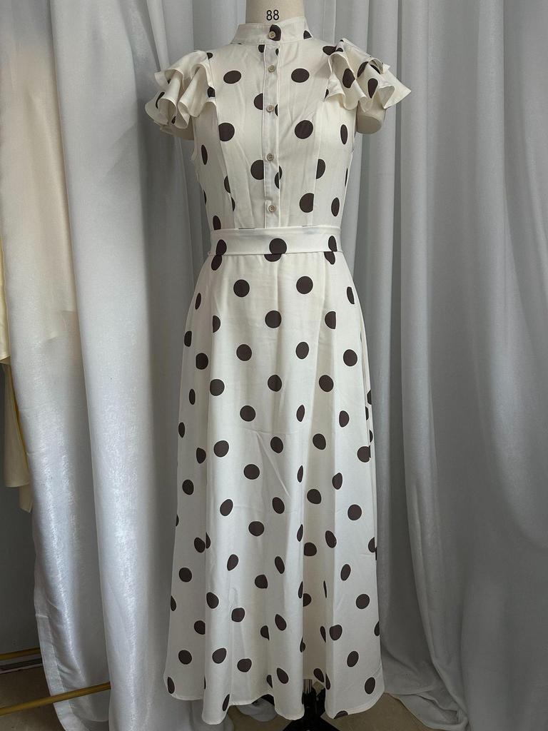 2026 European Retro Polka Dot Puff Sleeve Lace-up Slimming Dress