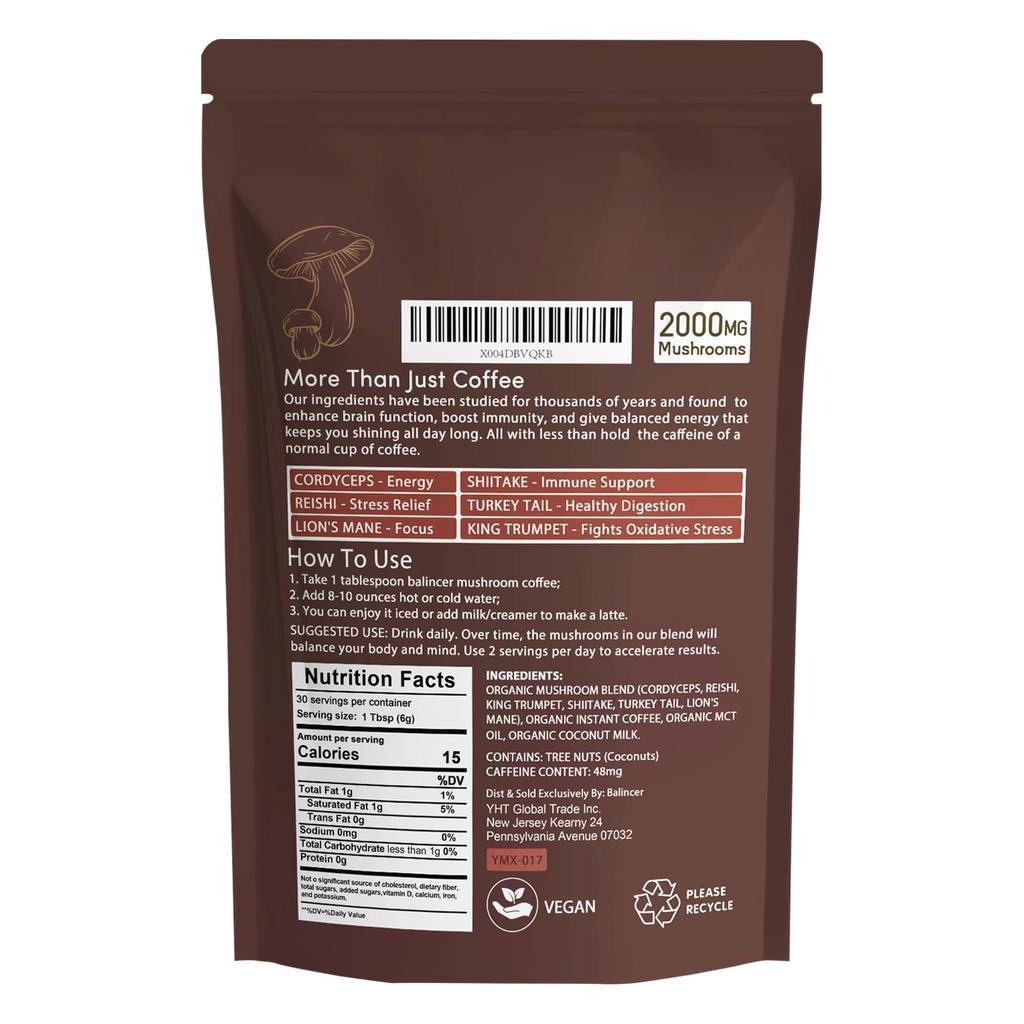 Balincer Superfood Mushroom Coffee, 2,000mg Mushrooms, 30 Servings, 180g