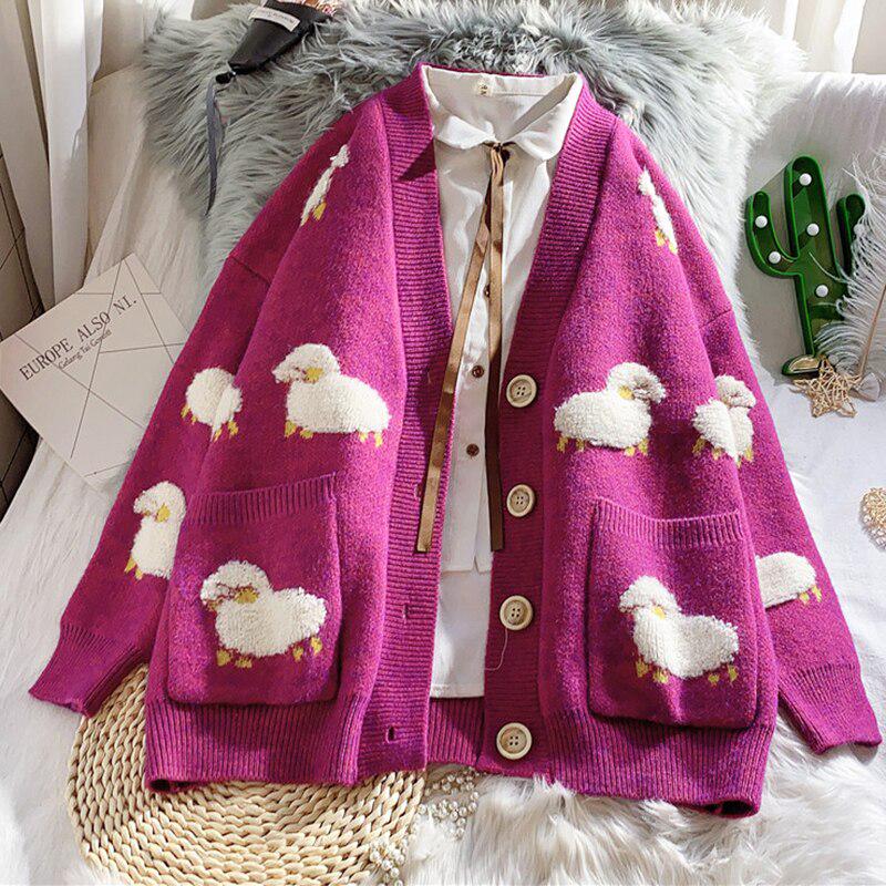 

Autumn Winter Knitted Female Cardigan Loose Streetwear Knit Sweater Coat Cute Cartoon Print V Neck Knitted Cardigan Women Jacket one size червоний