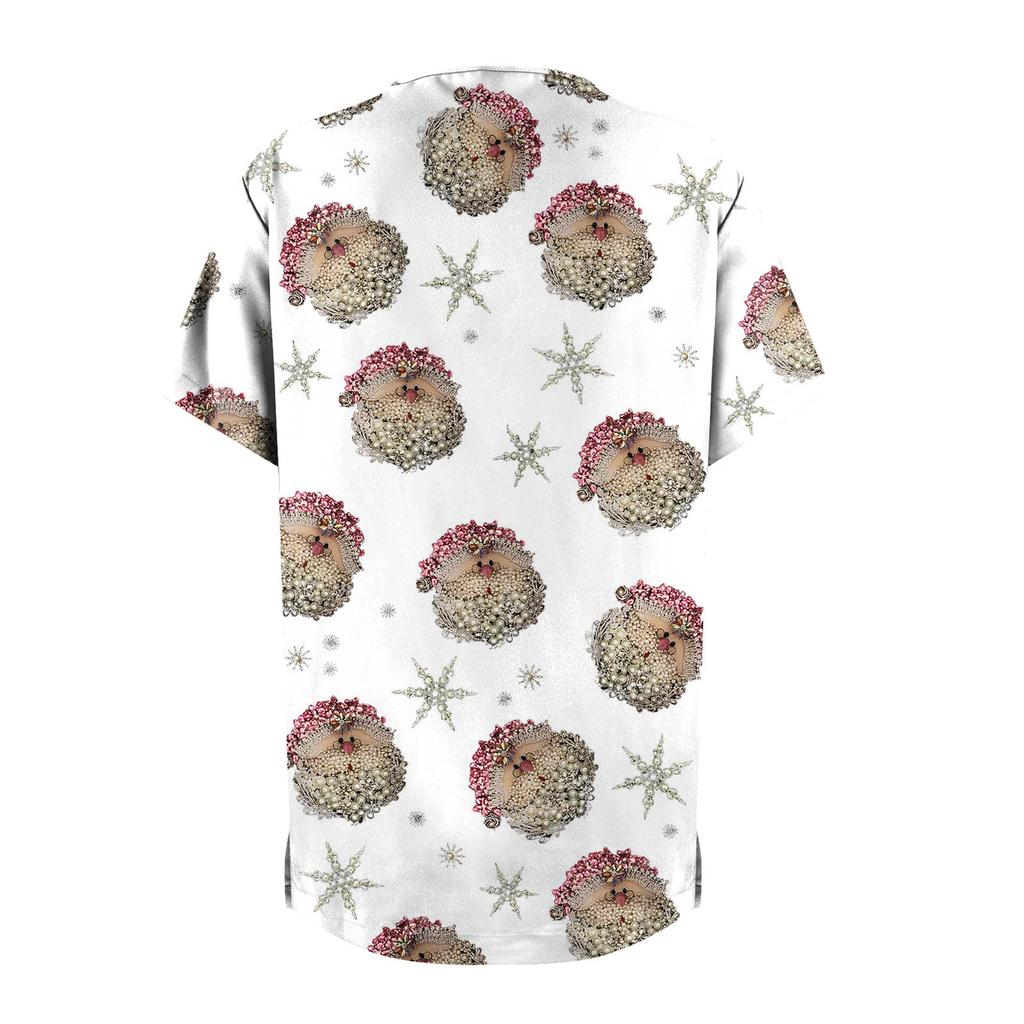 Women's Fashion Printed Short Sleeve V Neck Pattern Tops Pocket Working T-shirts