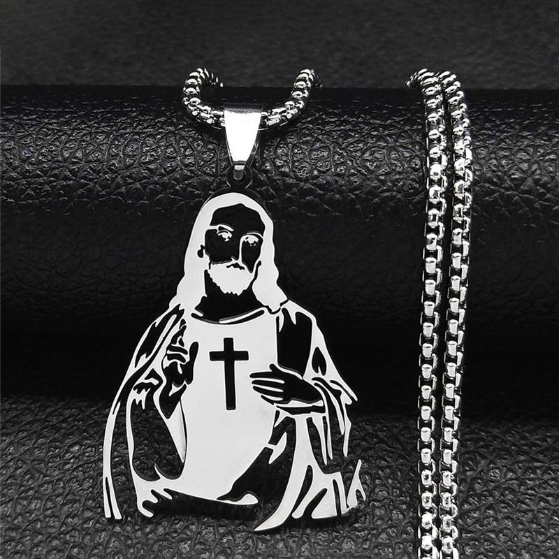 Stainless Steel Catholic Jesus Cross Pendant Necklace for Women Men Gold Color Holy Christian Chain Jewelry collar N7022S02