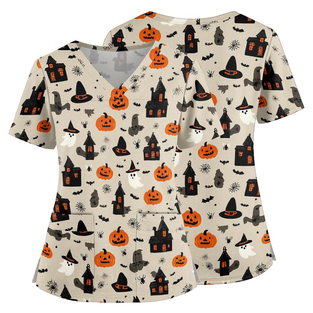 Womens V Neck Halloween Print Medical Scrub Top with Pockets Side Slits Short Sleeve Work Shirt for Healthcare Professionals