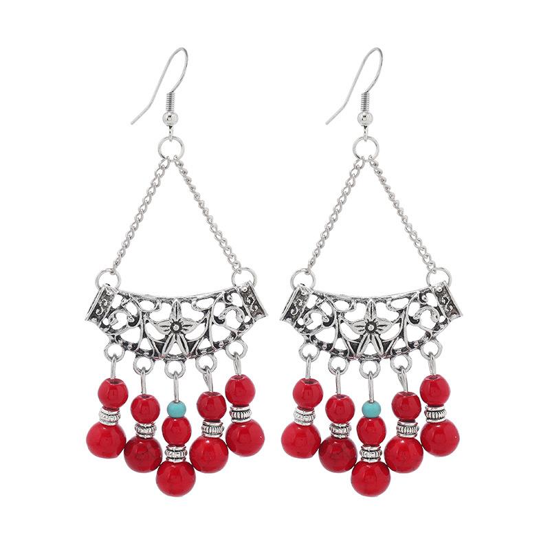 Retro ethnic style fringed earrings blue and red simple long bohemian earrings vacation style women's Tibetan silver earrings