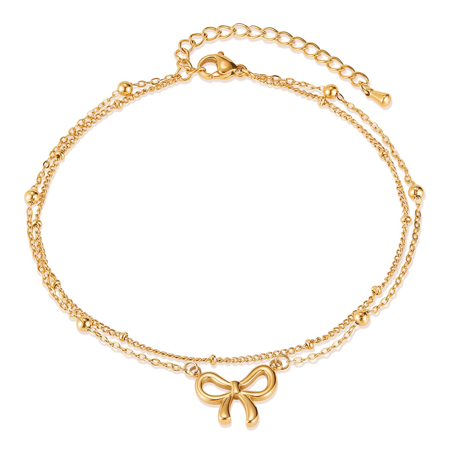 

Стильный двухслойный браслет на ногу с бантом - Женский модный аксессуар из нержавеющей стали