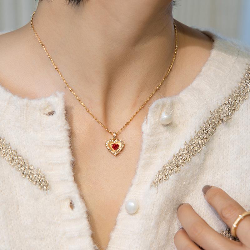 Exquisite S925 Sterling Silver Heart Necklace with Brushed Finish and Padparadscha Gemstone Pendant for Women