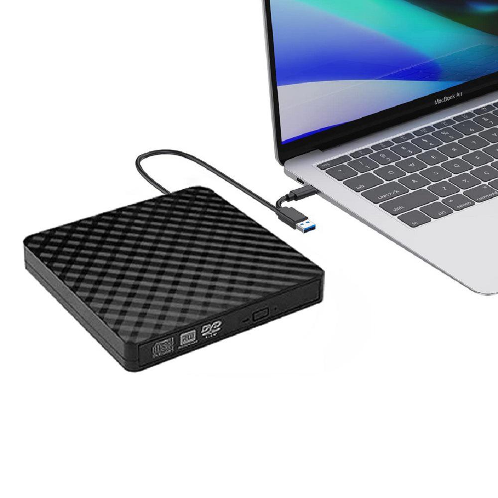 Externá DVD napaľovačka s dvoma USB portami: Optická jednotka pre stolný počítač, notebook a mobilné zariadenie.