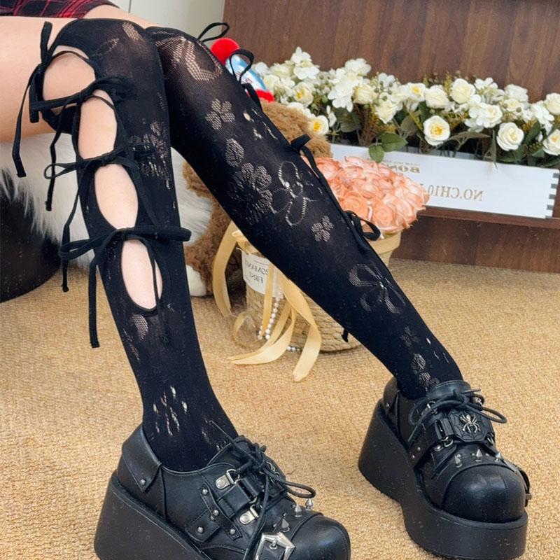 New Y2K Strap Cotton Calf Mid Tube Socks Bow Punk Floral Net Socks Lolita Gothic Japanese JK Leg Cover Sock Pile Socks Stocking