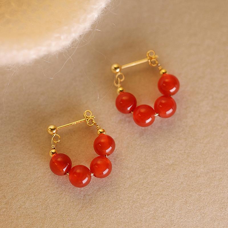Nanhong Agate Earrings Retro Gold-Plated Chinese Beaded Earrings, New Festive Bride Positive Red Round Bead Earrings For Women