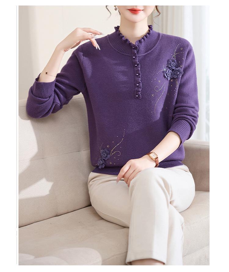 Women's Winter Fleece Knit Top: Plus Velvet Wood Ear Collar Base Layer for Middle-Aged Moms