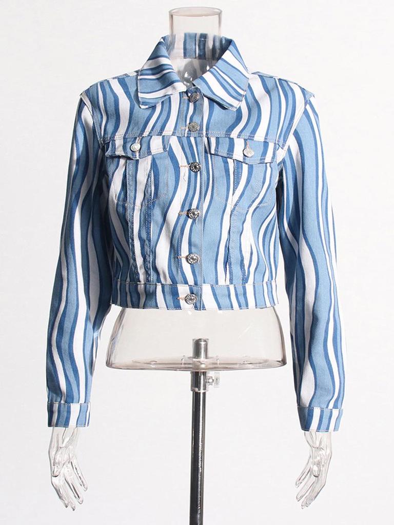 Spicy Girl Autumn 2026 Lapel Print Cropped Denim Jacket for Women