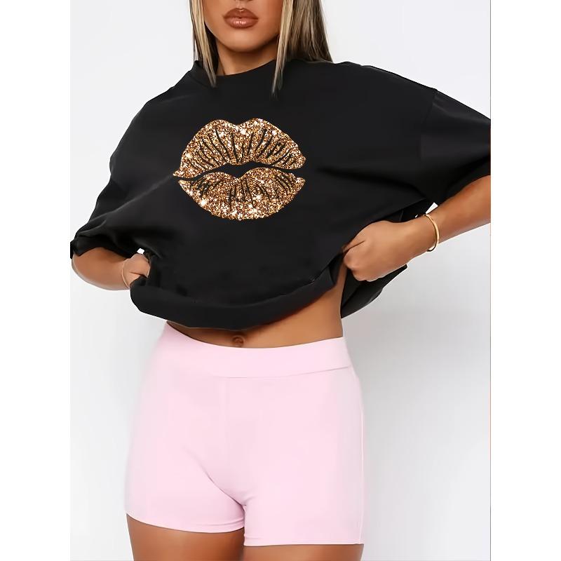European sizes Women'S Glittering Lips Print T-Shirt, Casual Crew Neck Short Sleeve Top,  Polyester Knit Fabric, All-Season Fashion, 180g/m² - Beige