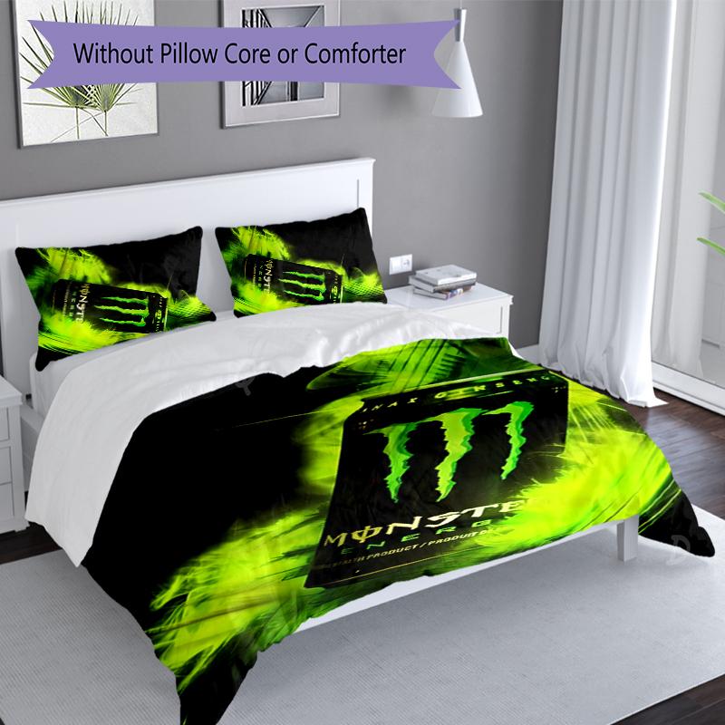 3pcs Monster Energy LOGO Duvet Cover Set, Includes 1 Duvet Cover and 2 Pillowcases,Skin-Friendly&Comfortable Fabric,Suitable Bedding Sets