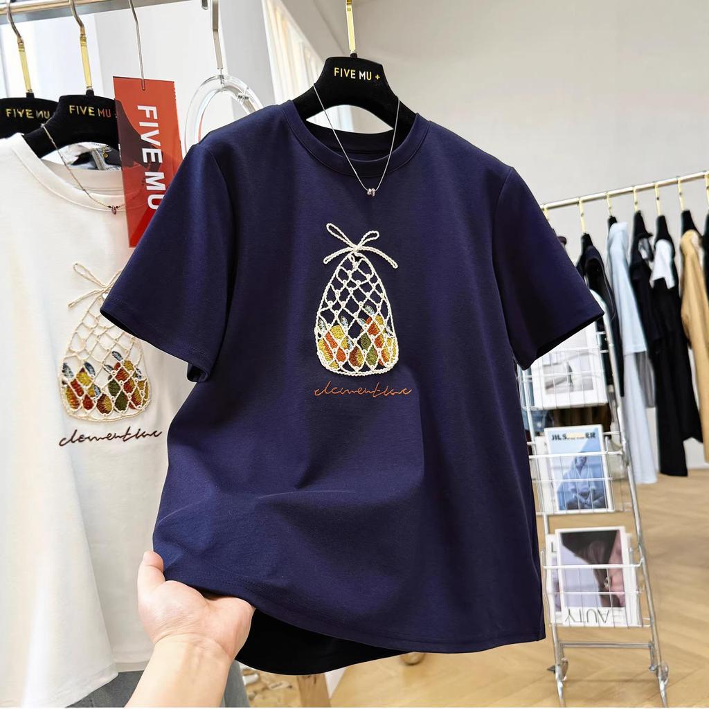 Women's Plus Size Heavy Duty Pineapple Embroidery Short Sleeve Fleece T-shirt for Spring/Summer