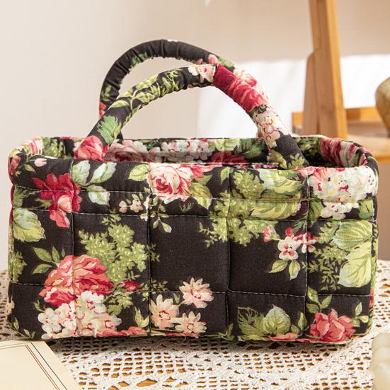 Quilted Floral Storage Basket Fabric Foldable Storage Tote with Handles Boho Collapsible Basket for Nursery Toys Towels Clothes Storage