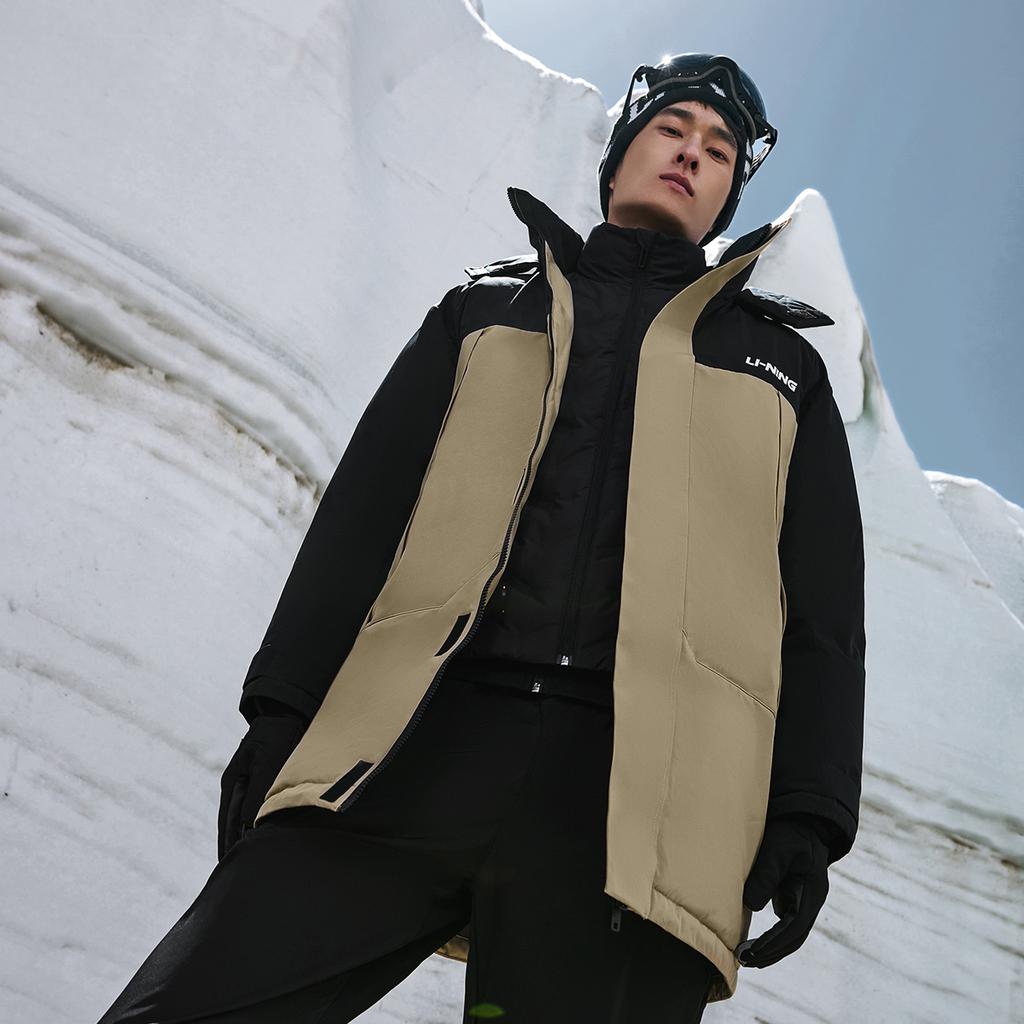 Li Ning Hot Pot Down Jacket Series Fitness Series Letter Logo Print Loose Long Down Jacket Men Outerwear Khaki Black AYMT319-1