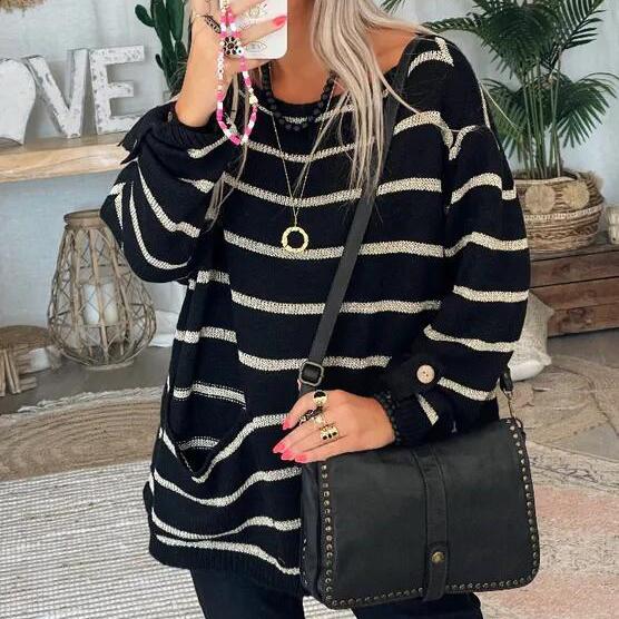 S-5XL Winter Stripe Clash Colour Round Neck Long Sleeve Loose Pocket Women's Fashion Sweater