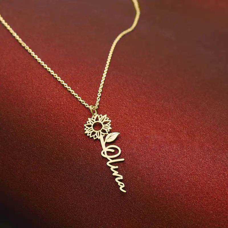 Personalized Sunflower Name Pendant Necklace for Women, Custom Gold Tone Minimalist Jewelry