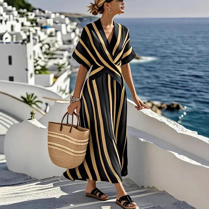 New European & American Summer V-neck Women's Ruffle Swing Dress