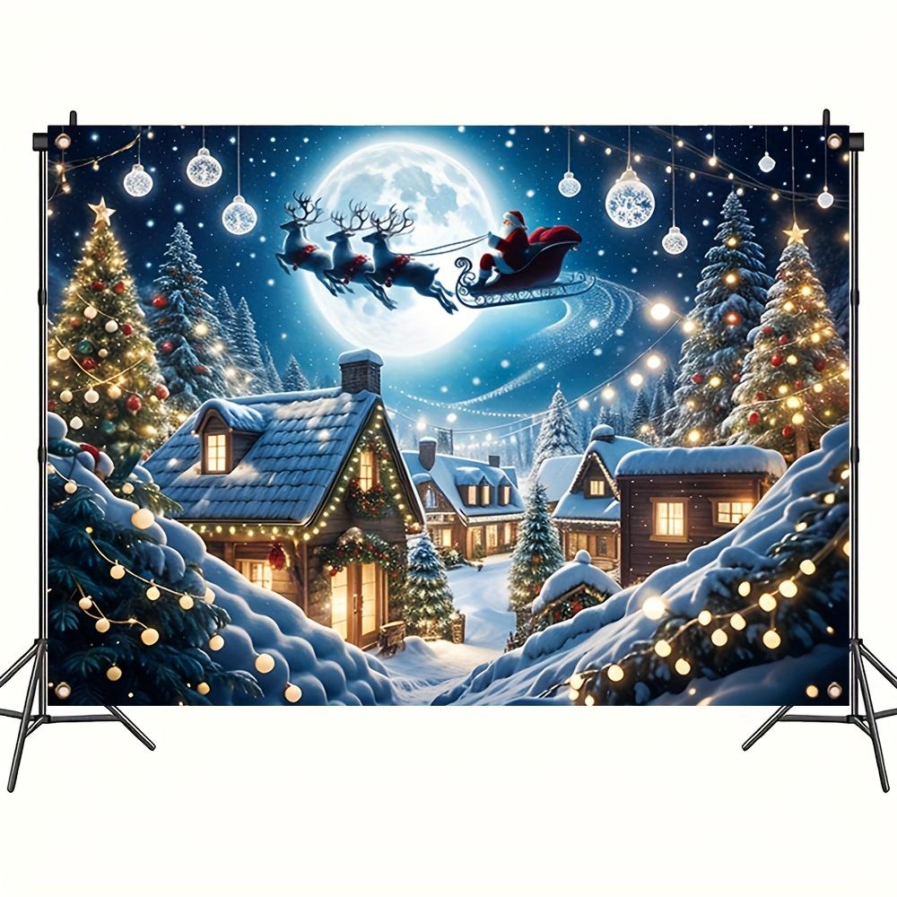 Christmas Village polyester background banner holiday wall decoration with Santa Claus Christmas tree and snow scene