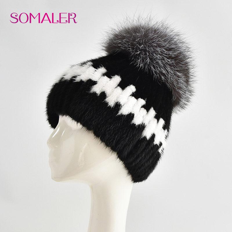 SOMALER Women Winter Fur Hats Real Mink Fox Fur Warm Hats Girl Bonnets Fashion Fur Pompom on Top Russia Female Beanies