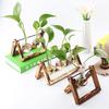 Vintage Wooden Frame Vase Plant Terrarium with Wooden Stand Glass Vase Desktop Glass Planter for