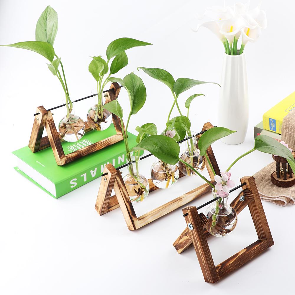 Vintage Wooden Frame Vase Plant Terrarium with Wooden Stand Glass Vase Desktop Glass Planter for