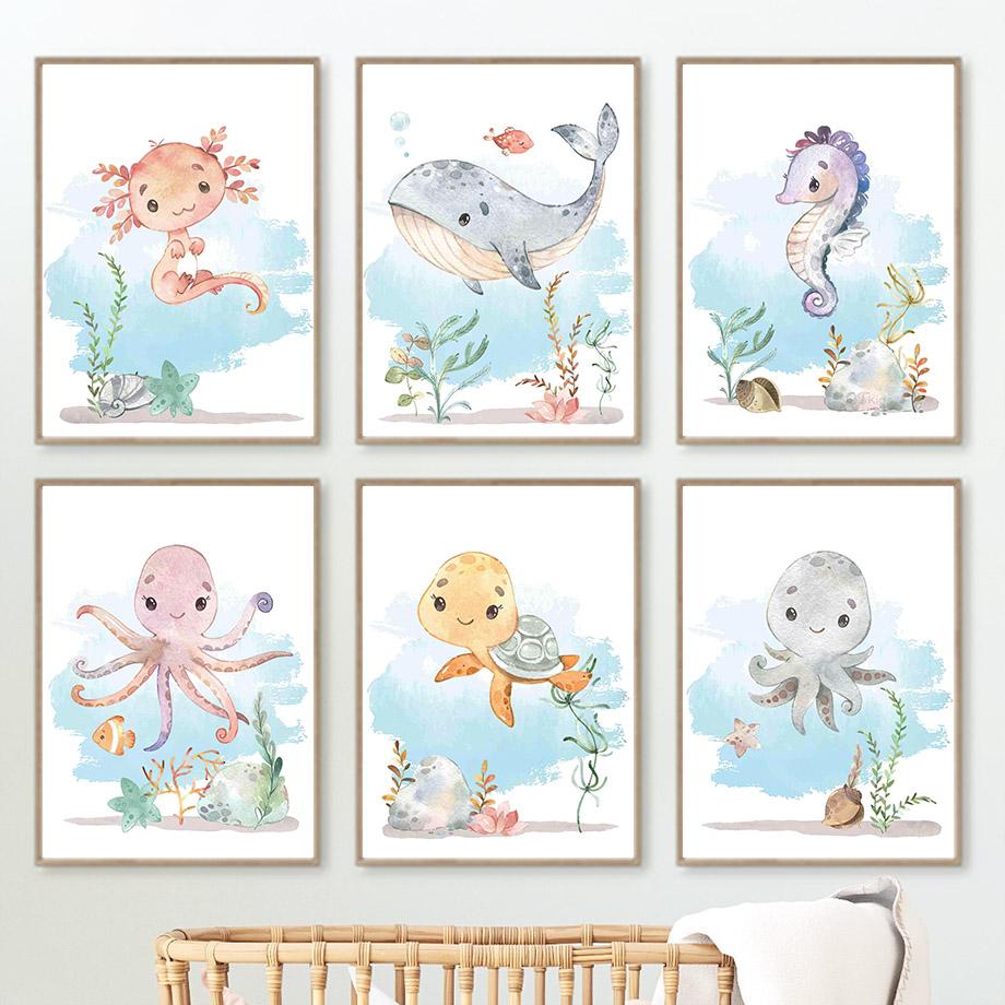 

Кит Морской конёк Осьминог Черепаха Морские животные Питомник Принты Скандинавские плакаты Настенное искусство Холст Живопись Картины Декор детской комнаты