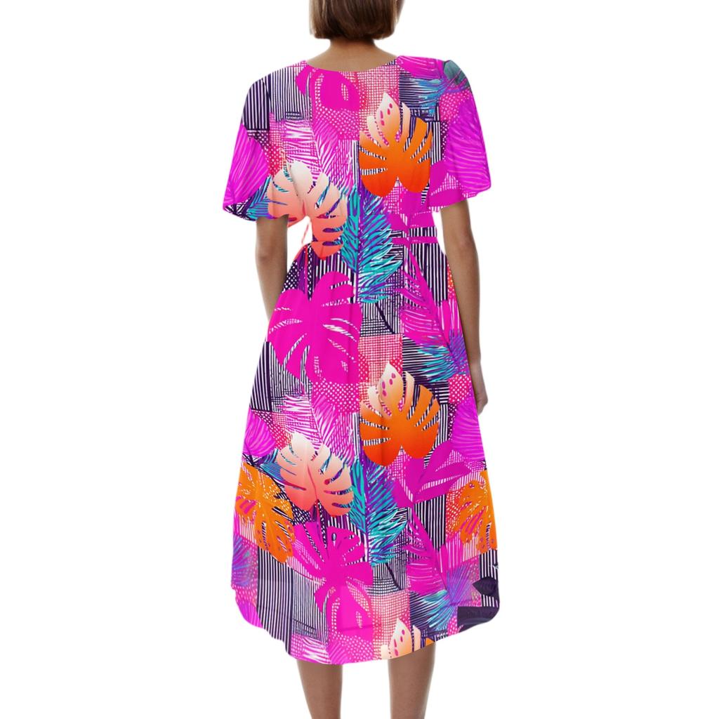 Vestido Casual de Mujer con Cuello en V de Manga Corta, Estampado Floral Vintage, Largo hasta la Rodilla, Ligero para Verano, con Falda Acampanada y Corte Relajado