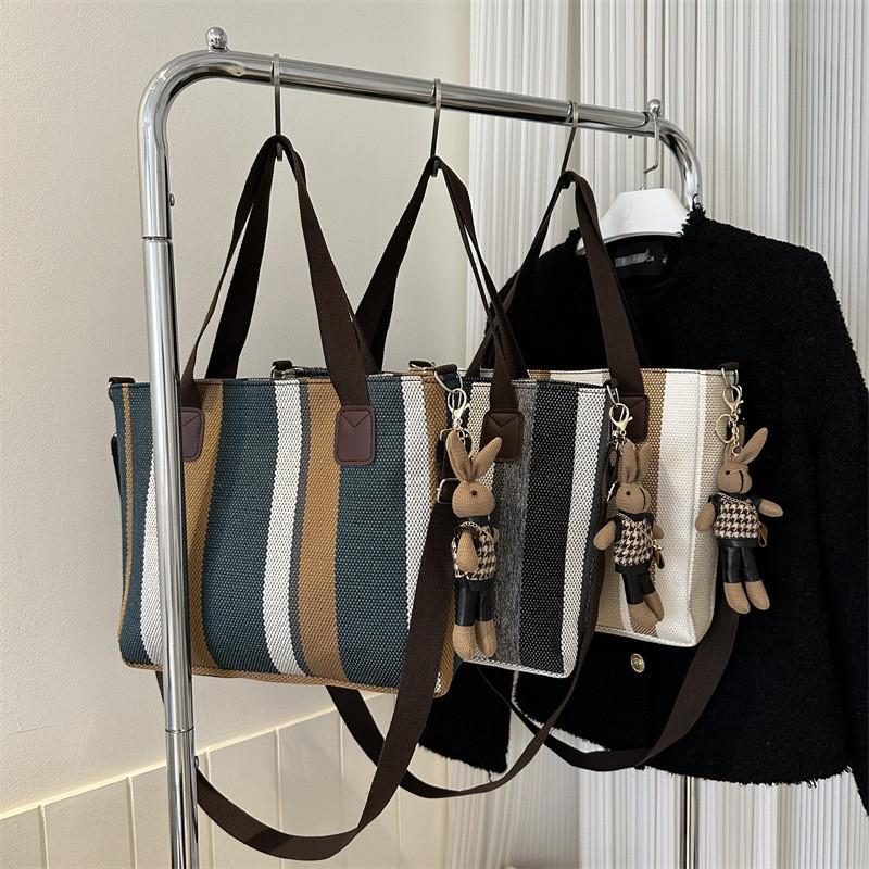 Large Capacity Striped Canvas Tote Bag Autumn Winter 2023 New Street Style Casual Shoulder Crossbody Bag