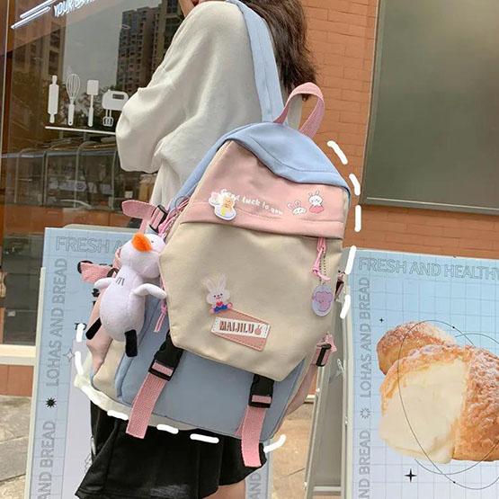 Încântător cu pandantiv de rață ghiozdan impermeabil, insigne drăguțe pentru fete, rucsac din nailon, în stil preppy, rucsac de culoare contrastantă, versatil