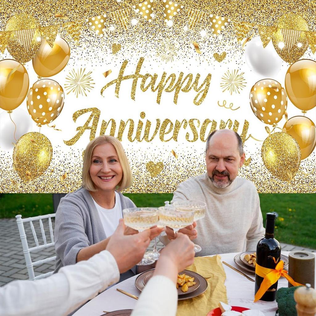 White Gold Happy Wedding Anniversary Banner for 5 10 15 20 25 30 40 50 for Couple, Happy Anniversary Decorations, Surprise for Parents Cheers To
