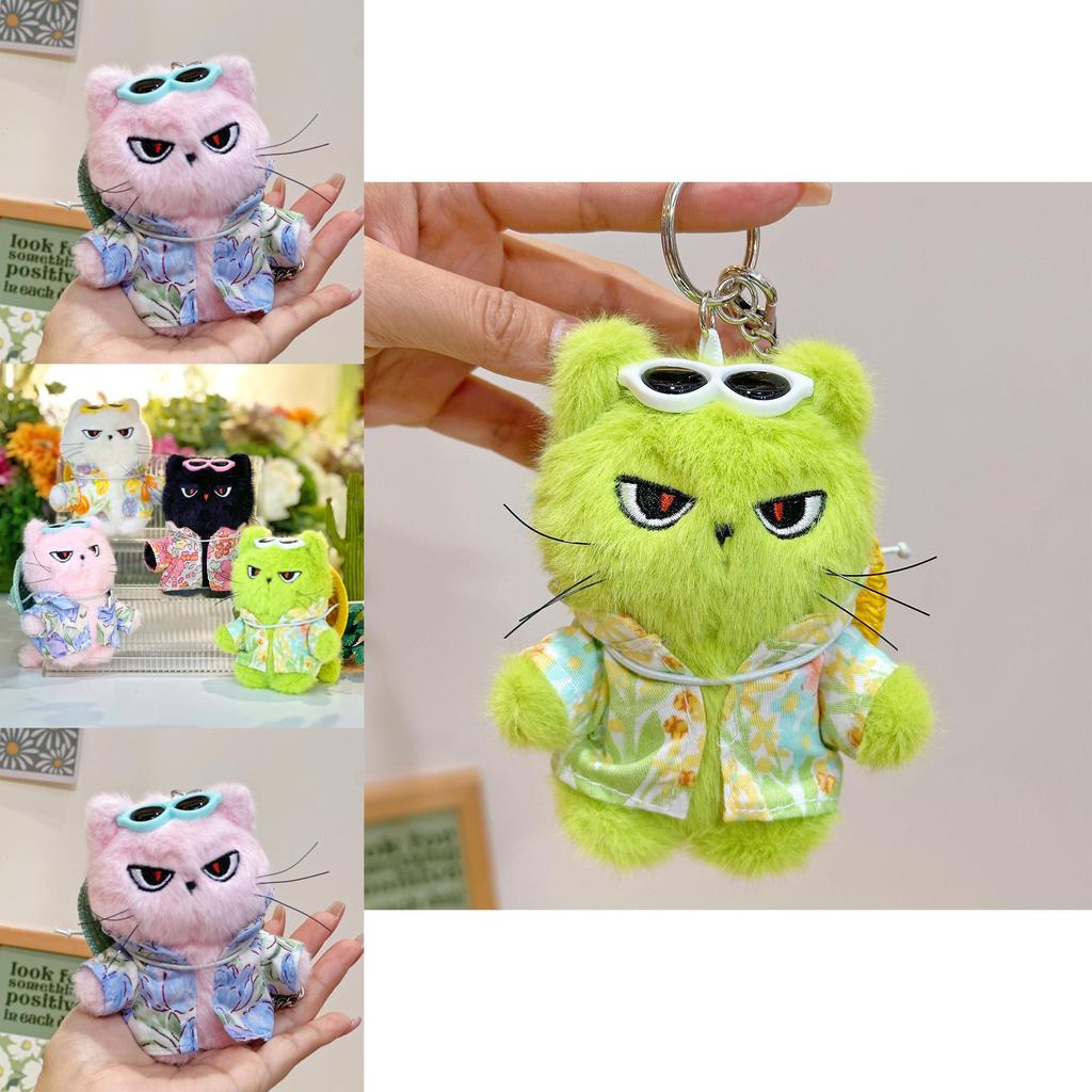 Cute Cat Plush Keychain With Flower Shirt And Sunglasses Design For Key Holder And Accessory