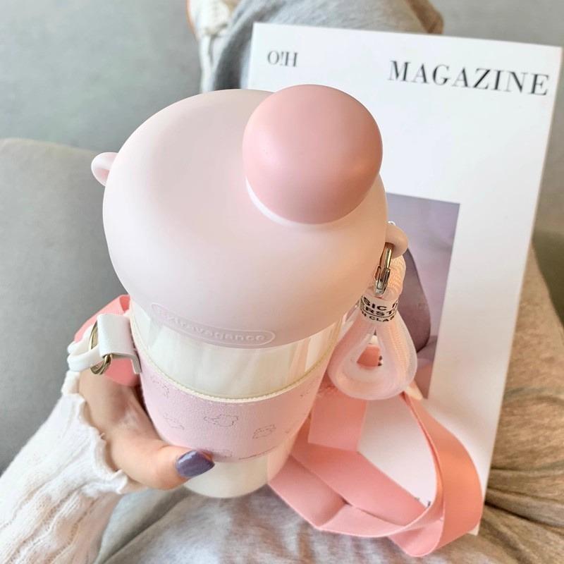 Cute Cats Glass Water Bottle With Straw Sleeve Strap 500/850ml Coffee Juice Tea Glass Cup Tumbler Girl Drinking Bottle BPA Free