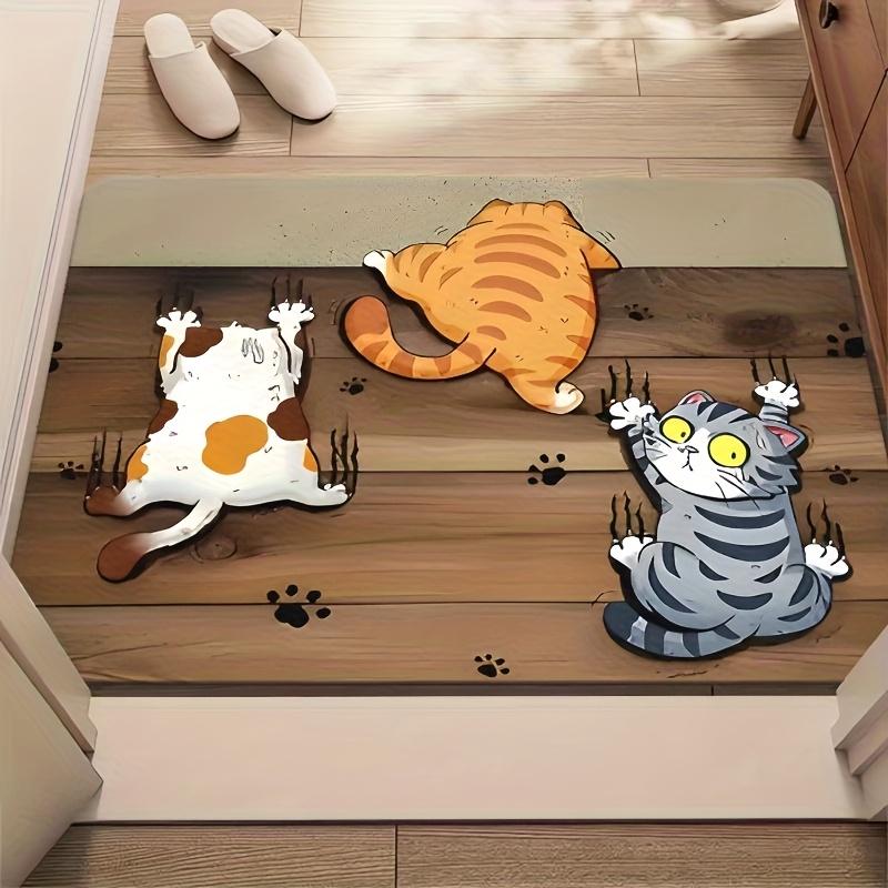 3 Cats Scratching Wood Floor Flannel Rug Non-Slip Absorbent Funny Pet Lover Doormat for Entryway Kitchen Home Decoration 50x80cm