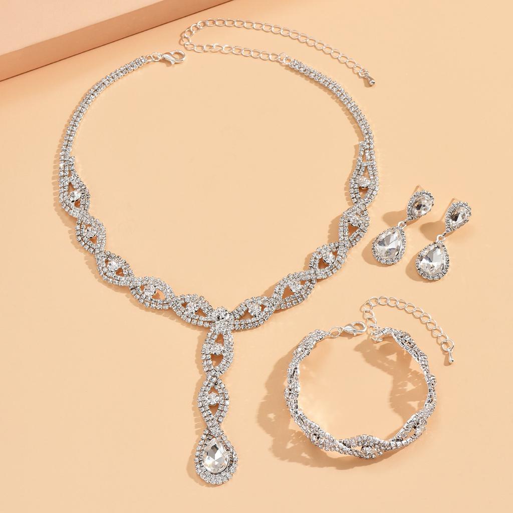4 pieces of women's fashionable and trendy water drop earrings with necklaces, bracelets, Zircon sets, banquet accessories
