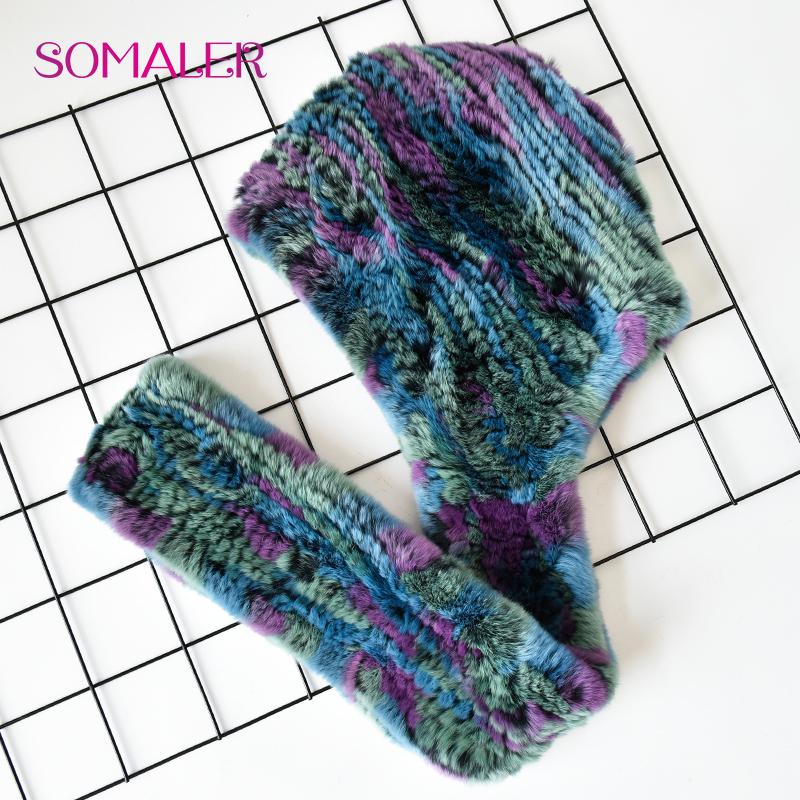SOMALER Vinter kaninpelshue Skjerf for kvinner Russisk stil strikket pelsbeanies og skjerf