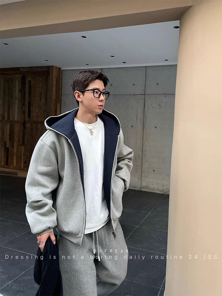 

Men s Color Block Double Zipper Hooded Sweatshirt Jacket - Streetwear Casual Cardigan Medium сірий колір