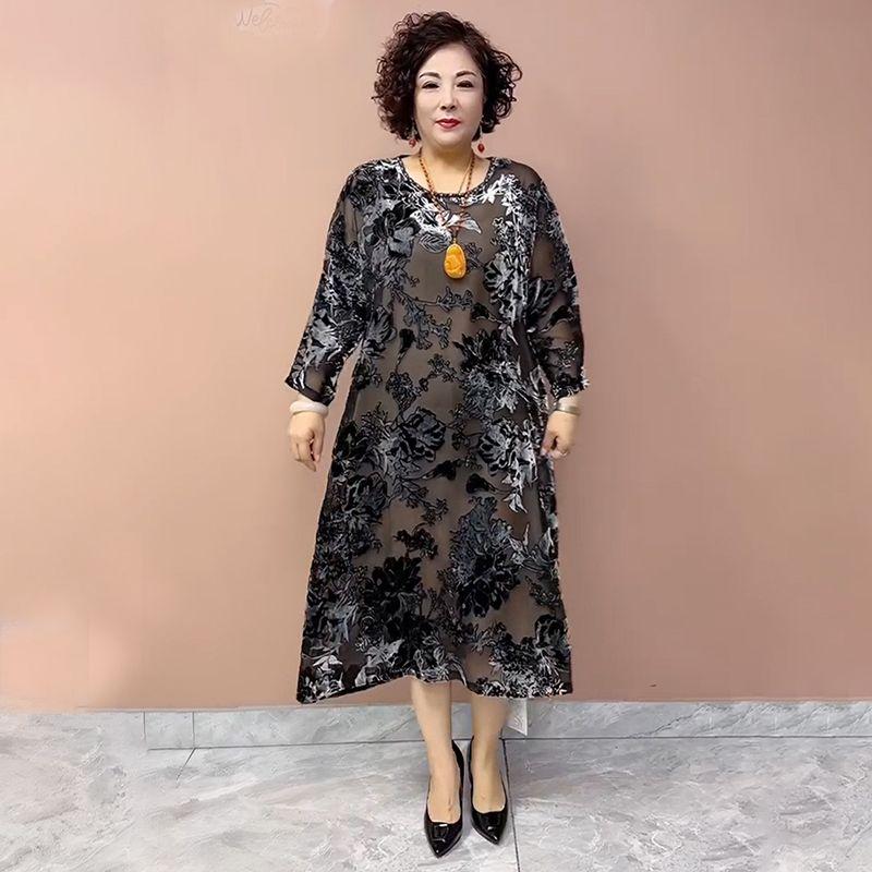 High-end Women's golden Velvet Dress Long Plus-Size Silk Dress Loose Floral A-Line Dress Spring Autumn
