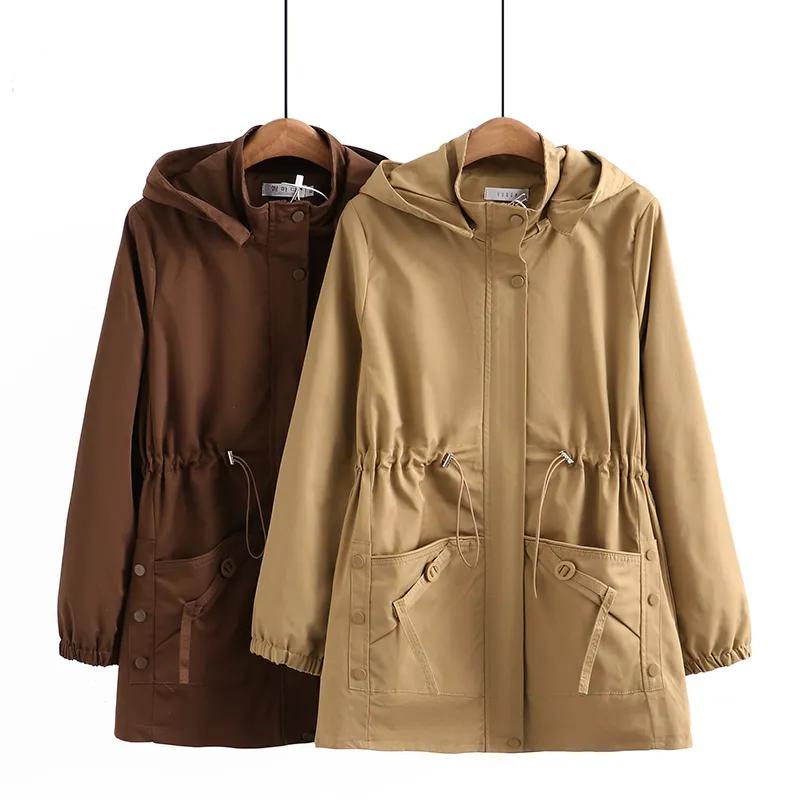 Women Solid Mid Long Hooded Trench Coat Middle Aged Mothers Plus Size Outerwear