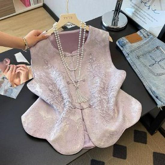 

Elegant Spring Embroidered Vest for Chic Mothers – 2026 New Style with Frog Buttons and Stand-up Collar 3XL фіолетовий